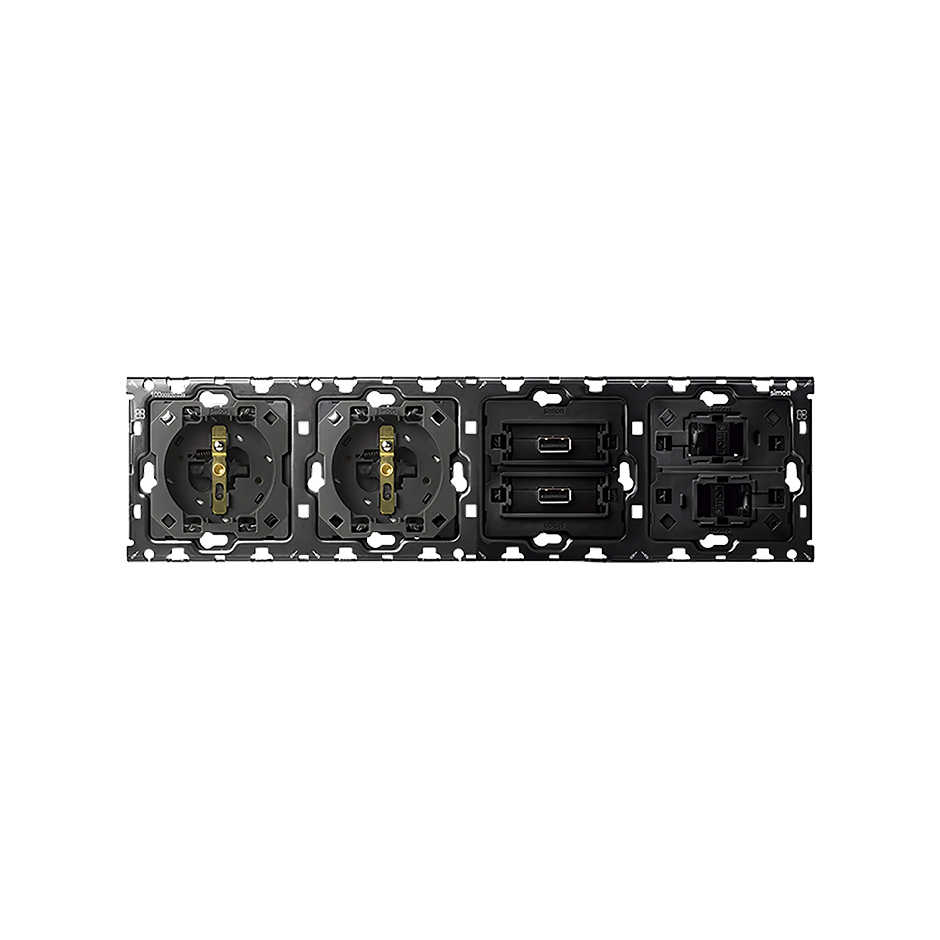 Back kit for 4 elements with 2 2P+E sockets + 1 2xUSB 2.1A double charger with smartcharge + 2 black RJ45 connectors Simon 100