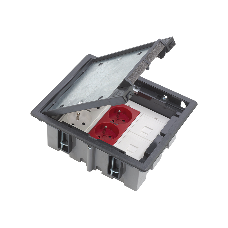 Kit caja de suelo regulable para pavimento 6 elementos con 1 enchufe doble, 1 SAI doble, 2 placas con 1 conector RJ45 Cat.6A FTP gris Simon 500 Cima