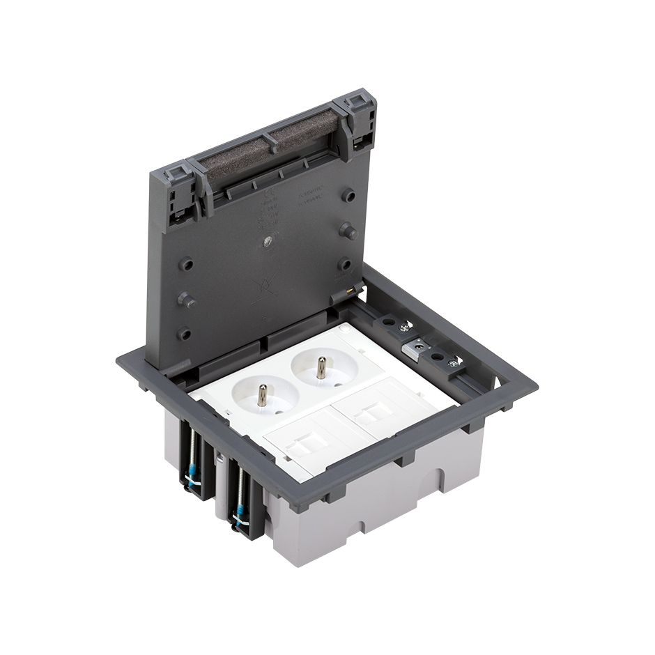 Adjustable floor box kit for concrete floor 4 elements with 1 double sockets and 2 plates with 1 RJ45 Cat.6A FTP connector grey Simon 500 Cima