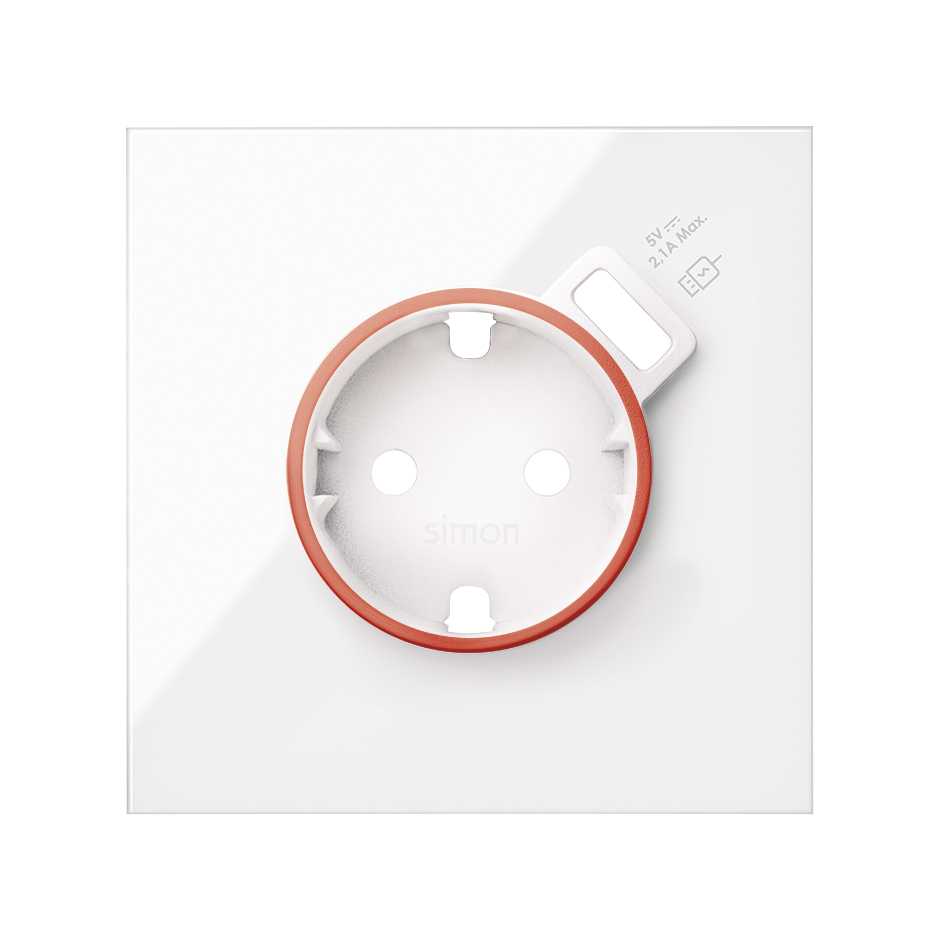 Cover with red ring for schuko socket with integrated gloss white USB charger Simon 100