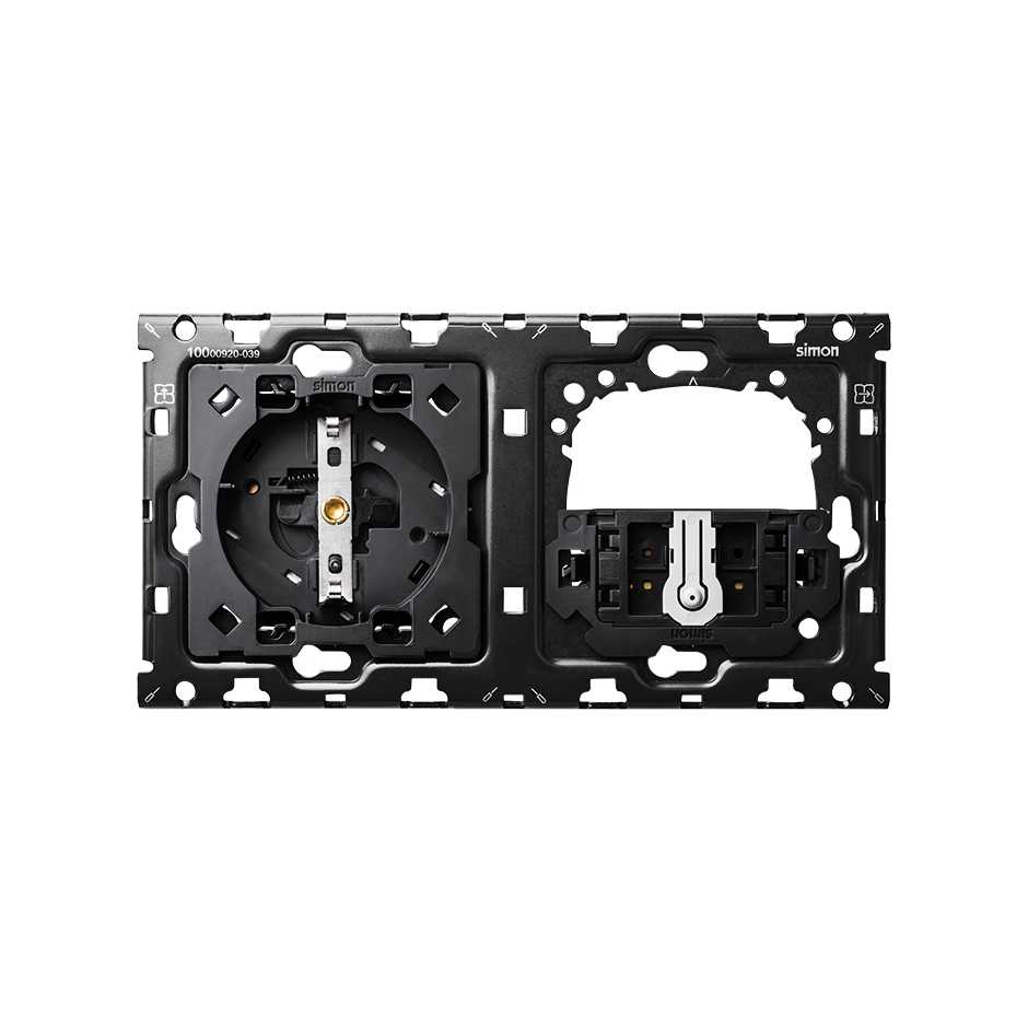 Kit back para 2 elementos com 1 base de tomada schuko e 1 comutador de pressionar Simon 100