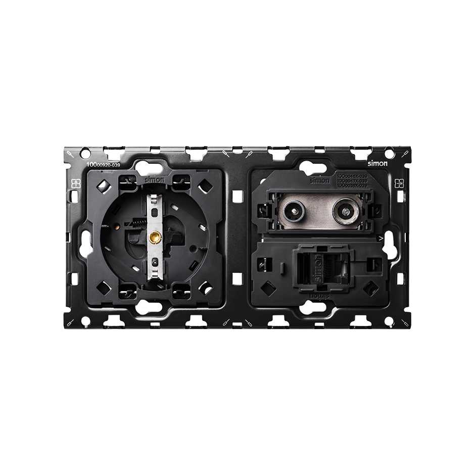 Back kit for 2 elements with 1 Schuko socket outlet and 1 single R/TV+SAT socket with 1 RJ45 6 UTP connector Simon 100