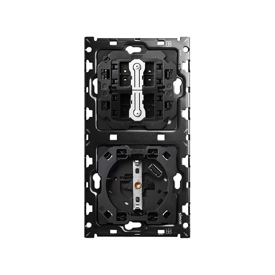 Кит на 2 поста, механизмы: 1 розетка Schuko 2Р+Е 16A 250В~ с з/у USB Smart Charge 2.1А  + 2 переключателя (проходных) + суппорт Simon 100