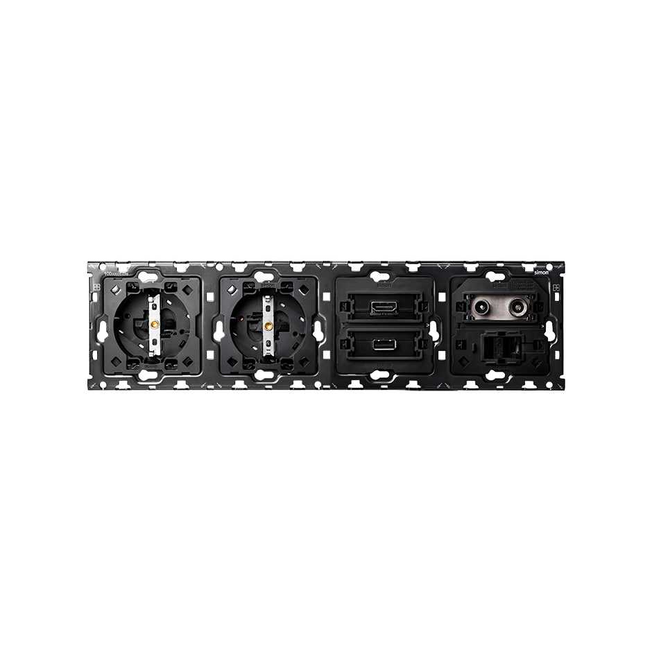 Back kit for 4 elements with 2 Schuko socket outlets, 1 HDMI + USB connector, 1 R-TV+SAT socket + 1 RJ45 Simon 100