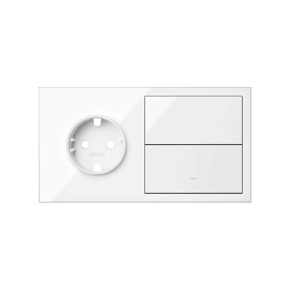 Horizontal front kit for 2 elements with 1 German socket outlet and 1 individual rocker gloss white Simon 100