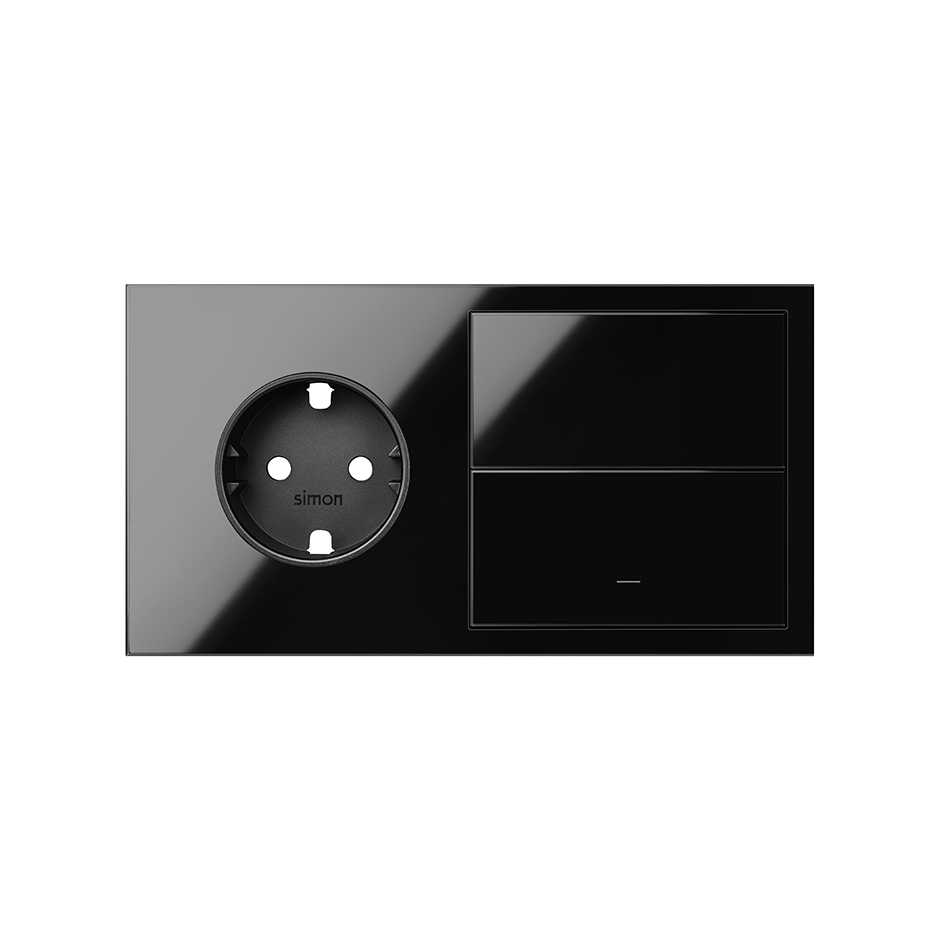 Horizontal front kit for 2 elements with 1 German socket outlet and 1 individual rocker gloss black Simon 100