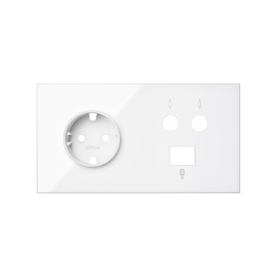 Kit avant pour 2 modules avec 1 prise Schuko, 1 prise R-TV + SAT unique et 1 connecteur RJ45 6 UTP blanc brillant Simon 100