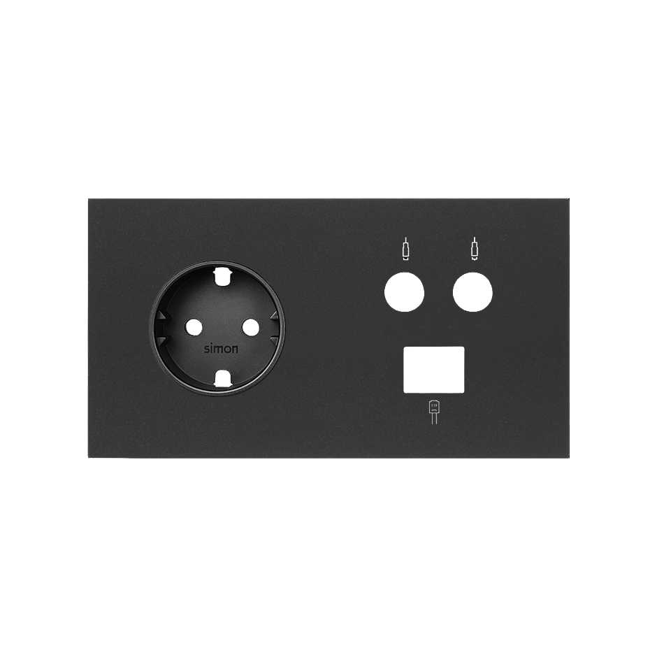 Kit front para 2 elementos com 1 base de tomada schuko, 1 tomada R-TV+SAT única com 1 conetor RJ45 6 UTP preto mate Simon 101