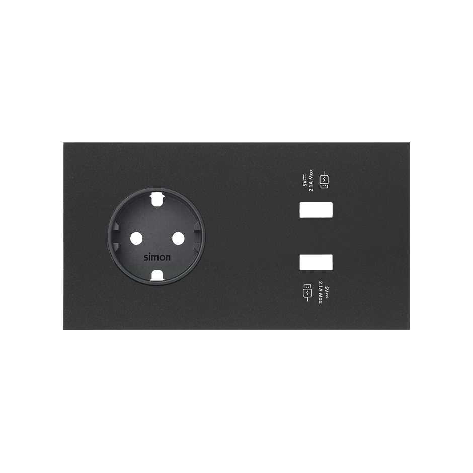 Front kit for 2 elements with 1 German socket outlet, 1 2xUSB charger with smartcharge matt black Simon 100