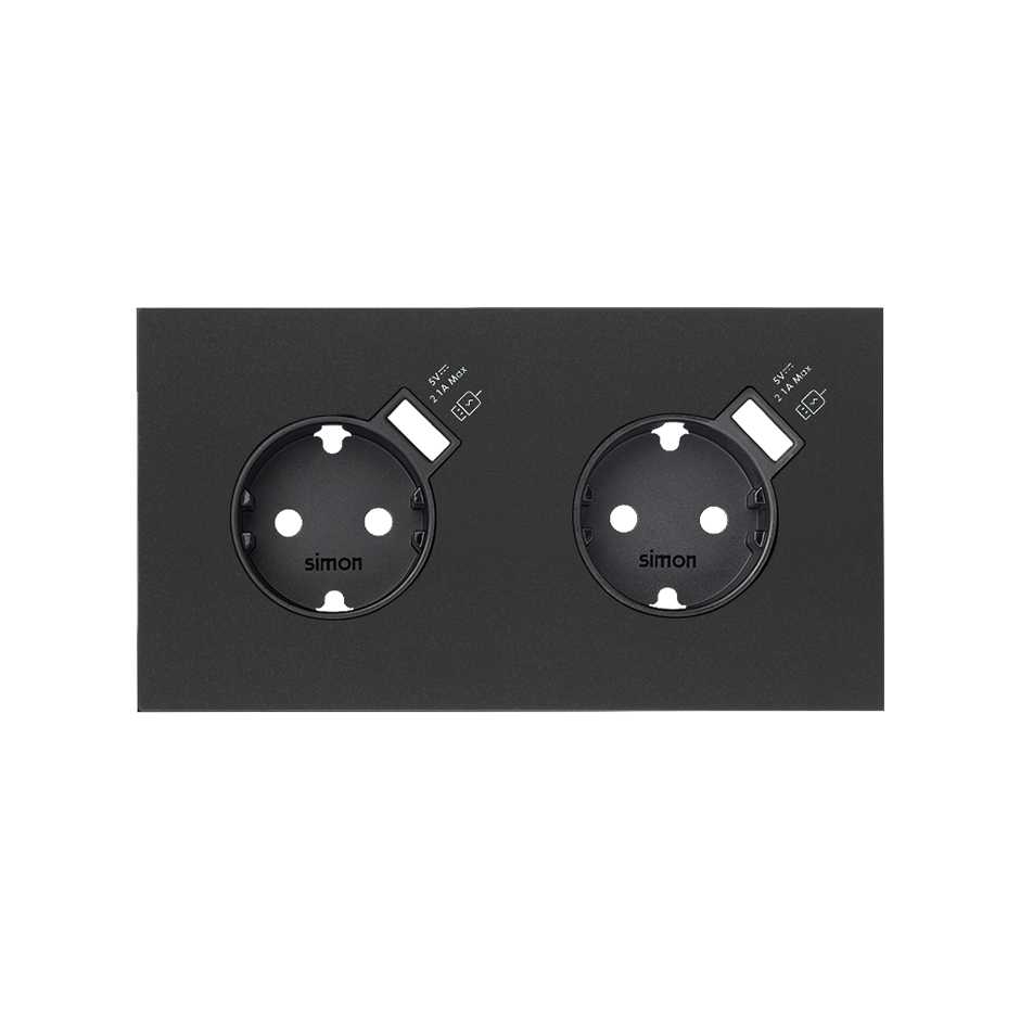 Кит на 2 поста, фронт: накладка на 2 розетки Schuko с з/у USB A цвета черный матовый Simon 100