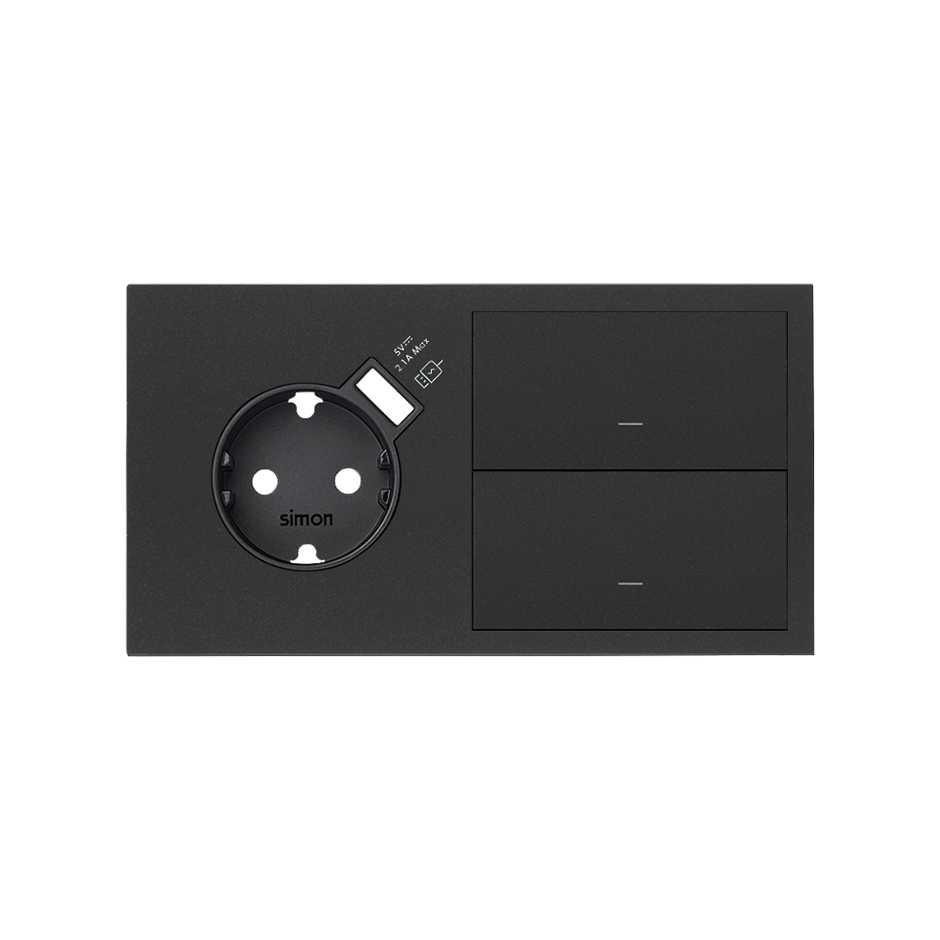 Кит на 2 поста, фронт: накладка на 1 розетку Schuko с з/у USB A + 2 клавиши выключателей цвета черный матовый Simon 100