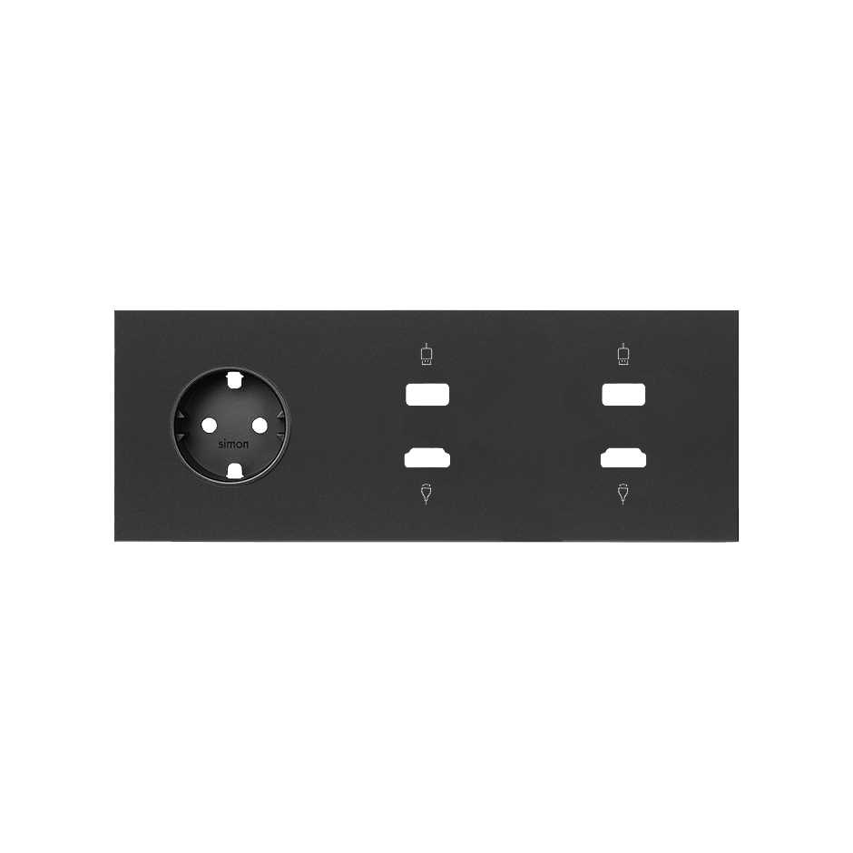 Front kit for 3 elements with 1 German socket outlet and 2 HDMI + USB connectors matt black Simon 100
