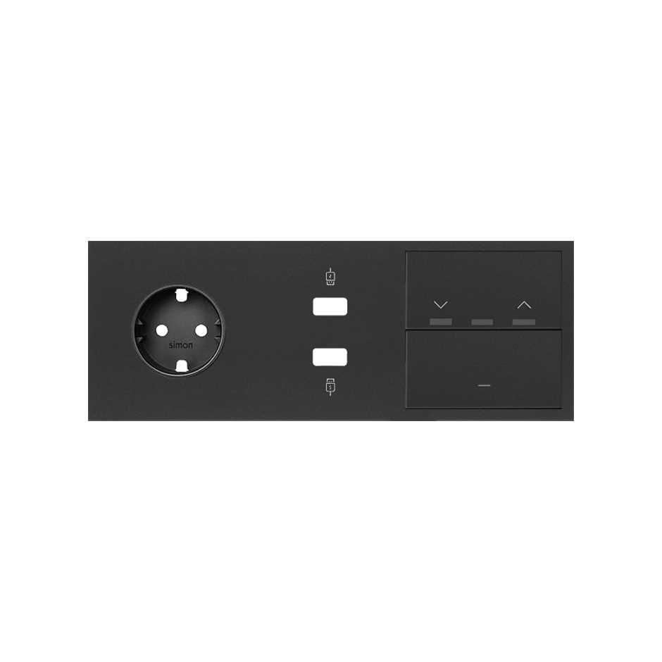 Kit front para 3 elementos com 1 ficha schuko, 1 carregador 2xUSB, 1 tecla persianas e 1 tecla preto mate Simon 100