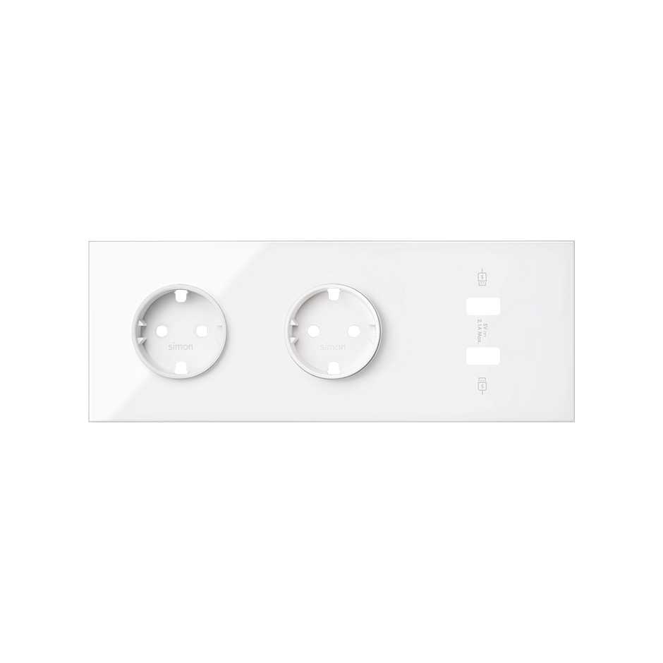 Front kit for 3 elements with 2 German socket outlets and 1 2xUSB charger gloss white Simon 100