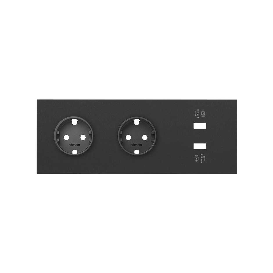 Front kit for 3 elements with 2 German socket outlets and 1 2xUSB charger matt black Simon 100