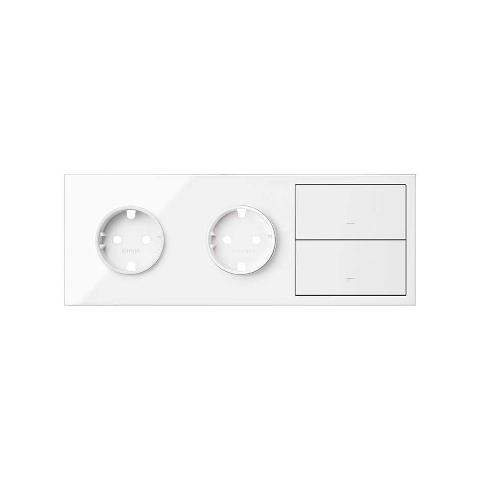 Кит на 3 поста, фронт: накладка на 2 розетки Schuko + 2 клавиши выключателей цвета белый глянец Simon 100
