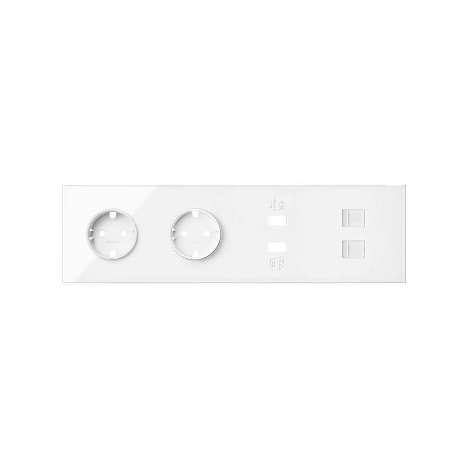 Кит на 4 поста, фронт: накладка на 2 розетки Schuko + 2 з/у USB A + 2 розетки RJ45 цвета белый глянец Simon 100