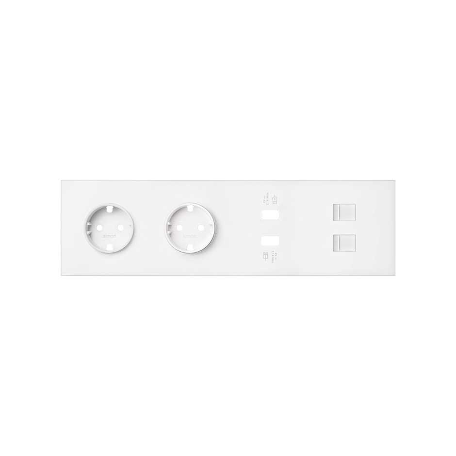 Кит на 4 поста, фронт: накладка на 2 розетки Schuko + 2 з/у USB A + 2 розетки RJ45 цвета белый матовый Simon 100