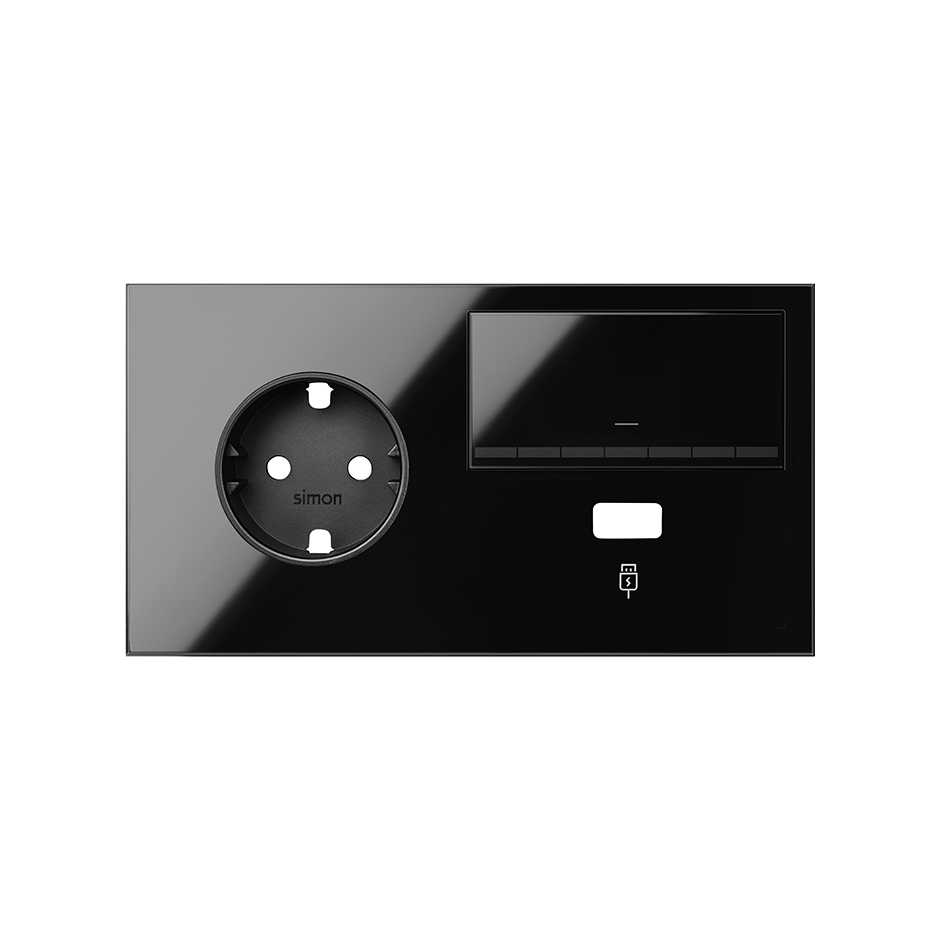 Horizontal front kit for 2 elements with 1 German socket outlet, 1 rocker and 1 USB charger gloss black Simon 100