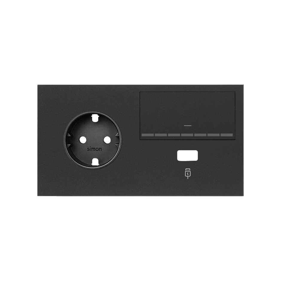Horizontal front kit for 2 elements with 1 German socket outlet, 1 rocker and 1 USB charger matt black Simon 100