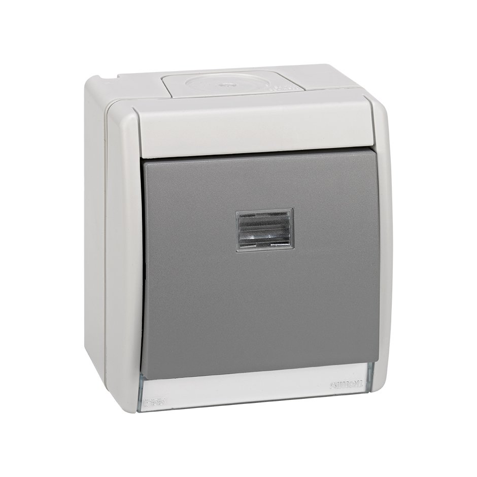 Commutateur monobloc IP55 10AX 250V~ avec voyant intégré et système de connexion rapide gris Simon Aqua