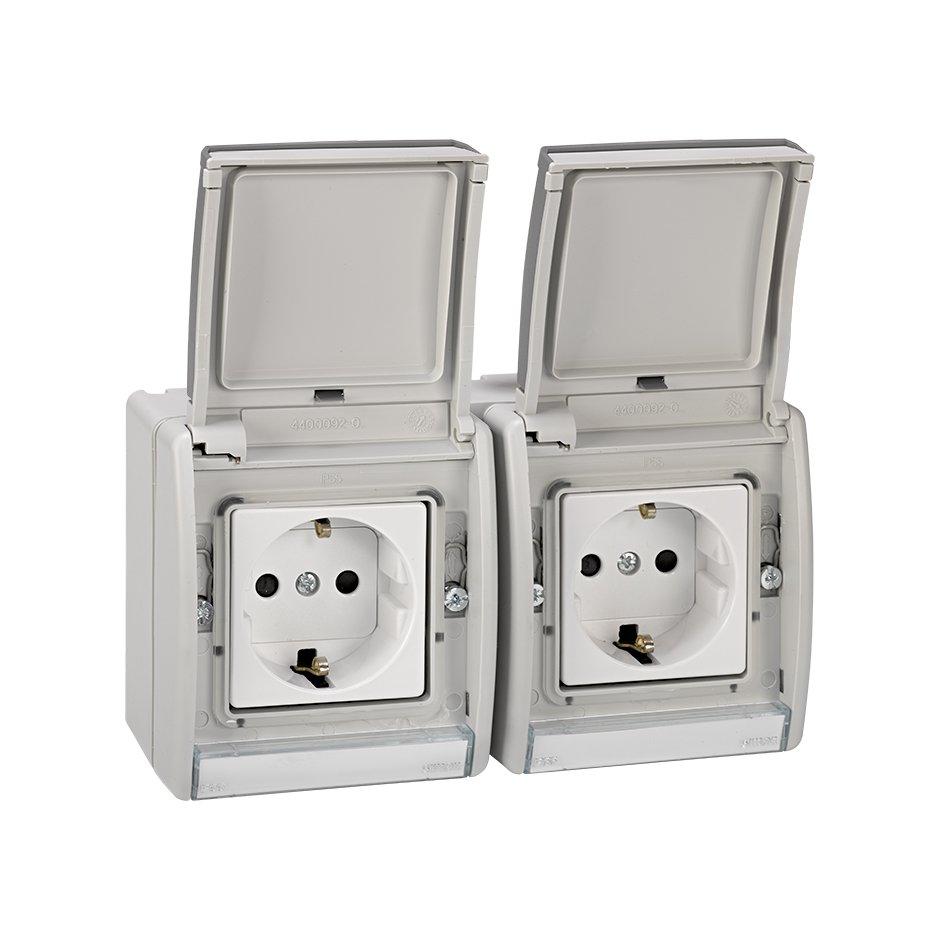 Double German socket outlet pre-wired monoblock IP55 16A 250V~ with safety device and quick term. conn. System grey Simon 44 Aqua