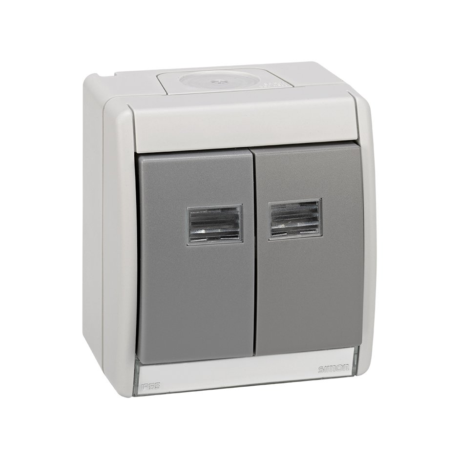 Base and frame with double rocker IP55 for Simon 27 mechanisms grey Simon 44 Aqua
