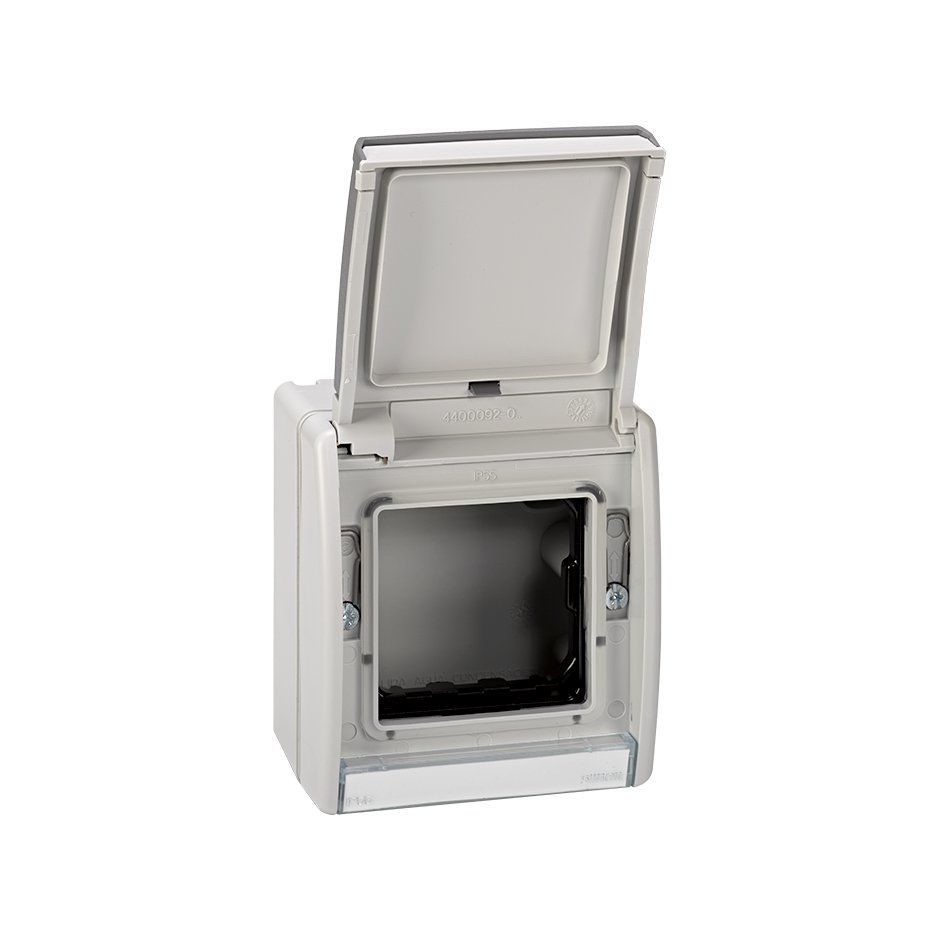 Base and frame with hinged cover IP55 for Simon 27 mechanisms grey Simon 44 Aqua