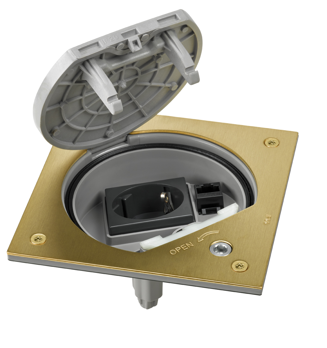 Unidad portamecanismos IP66 con cierre de seguridad y una base de enchufe schuko con 1RJ45 categoría 6 UTP latón Simon K45