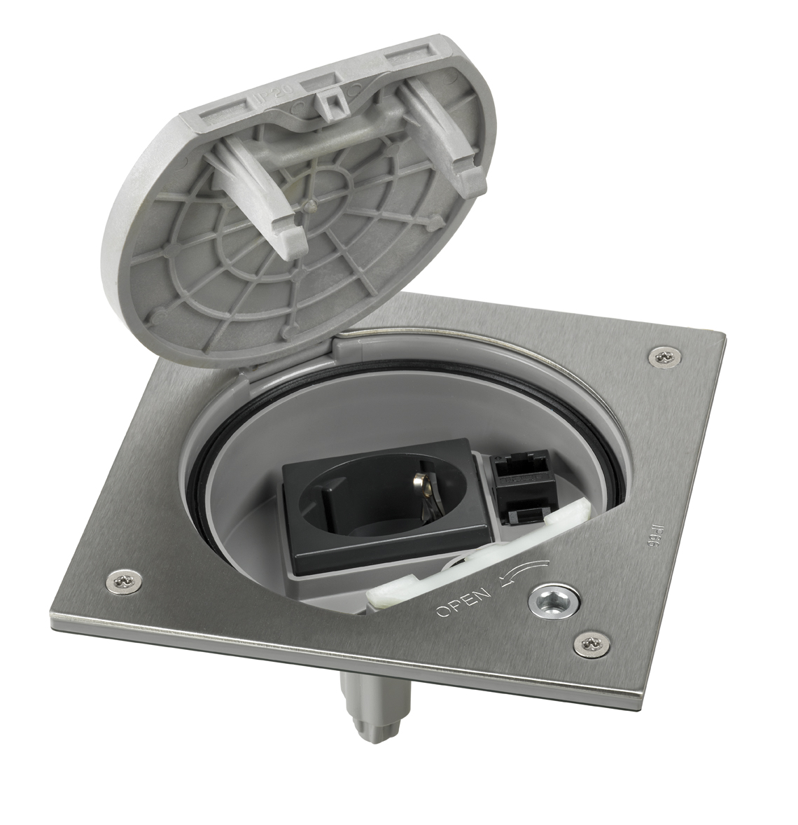 Unidad portamecanismos IP66 con cierre de seguridad y una base de enchufe schuko con 1RJ45 categoría 6 UTP acero inox Simon K45