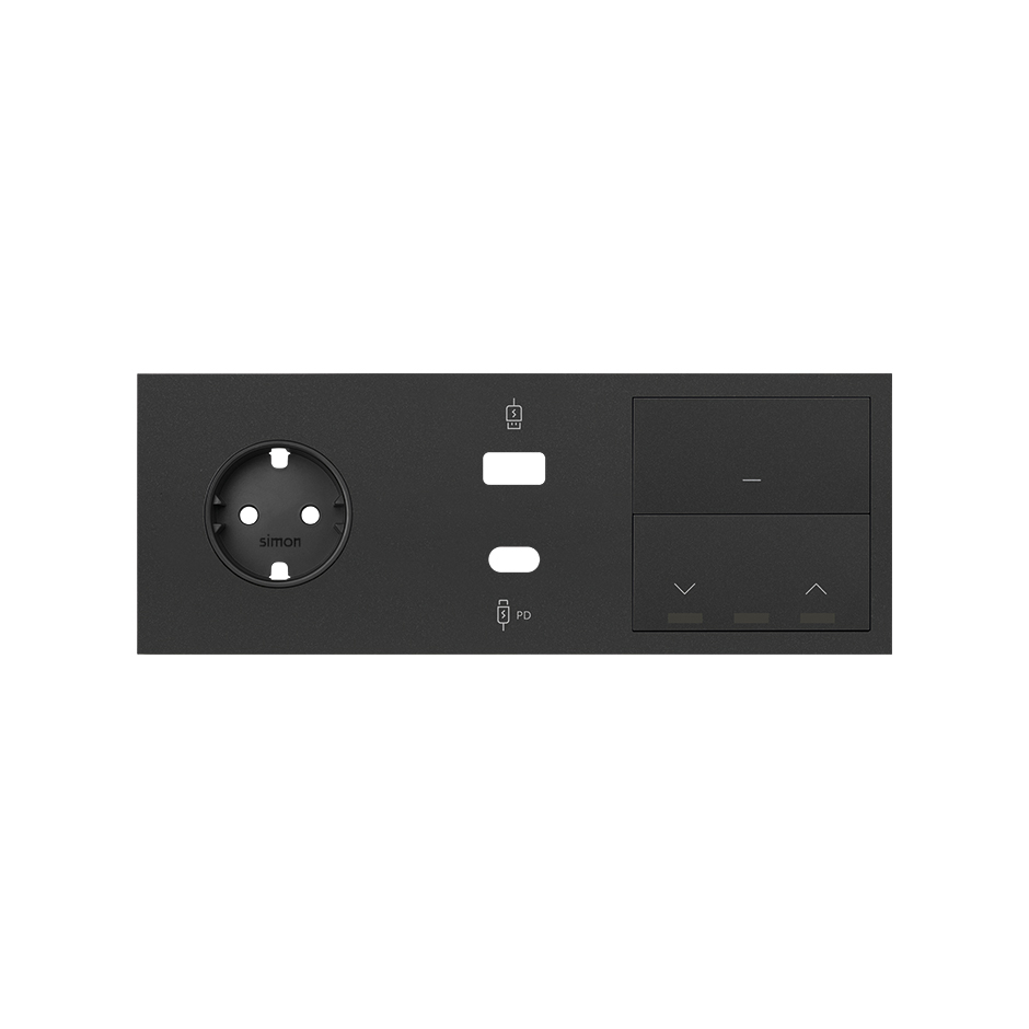 Kit front para 3 elementos con base enchufe schuko, cargador USB C+A, 1 tecla persianas y 1 tecla negro mate Simon 100