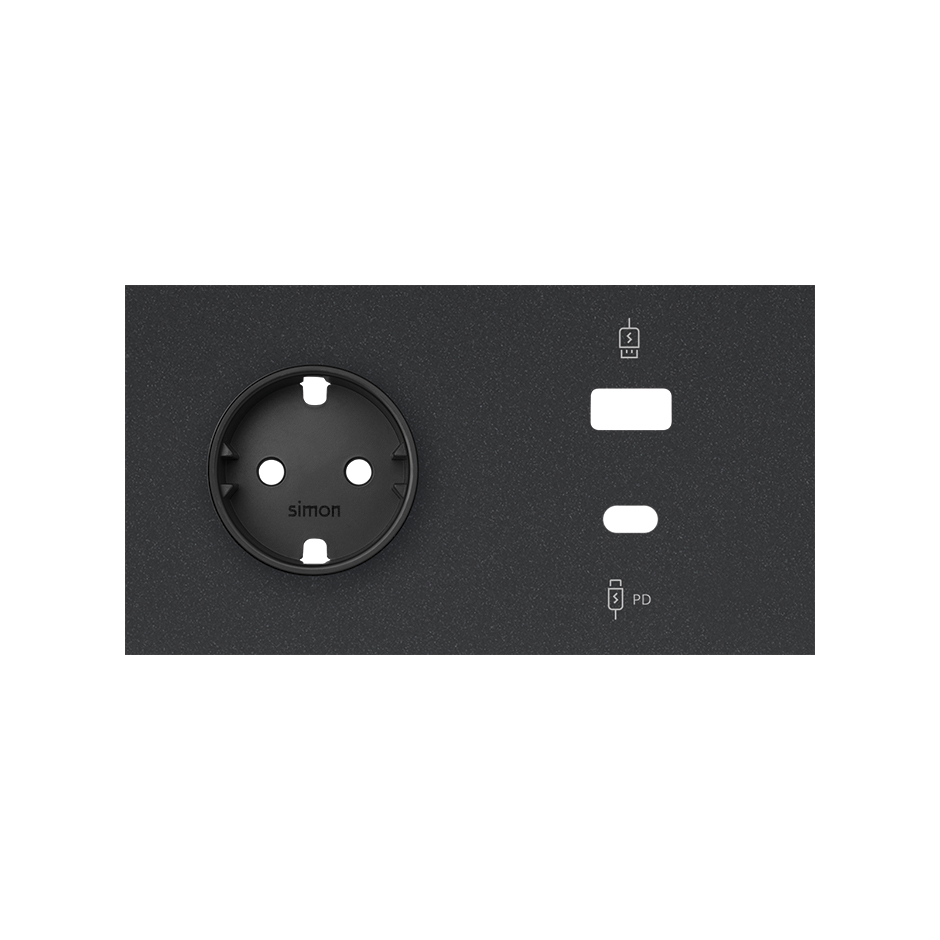 Kit front para 2 elementos com base de tomada schuko e carregador USB C+A preto mate Simon 100