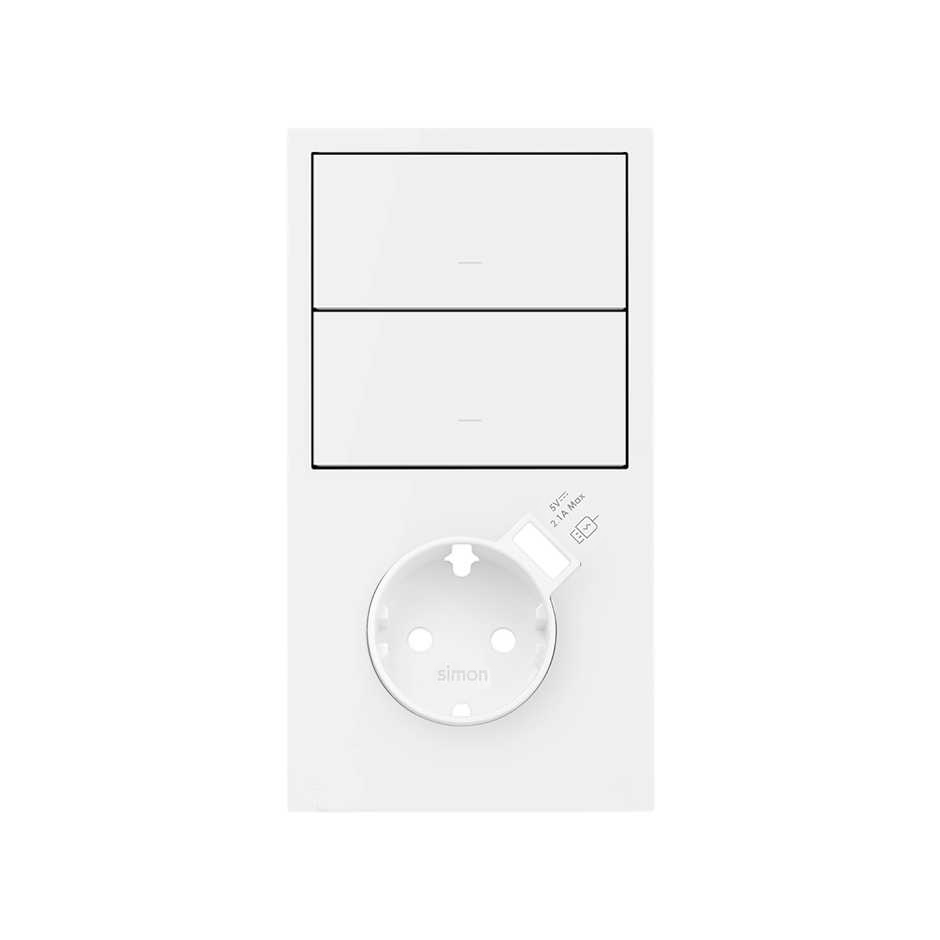 Vertical front kit for 2 elements with 1 dimmer rocker, 1 USB charger and 1 German socket outlet matt white Simon 100