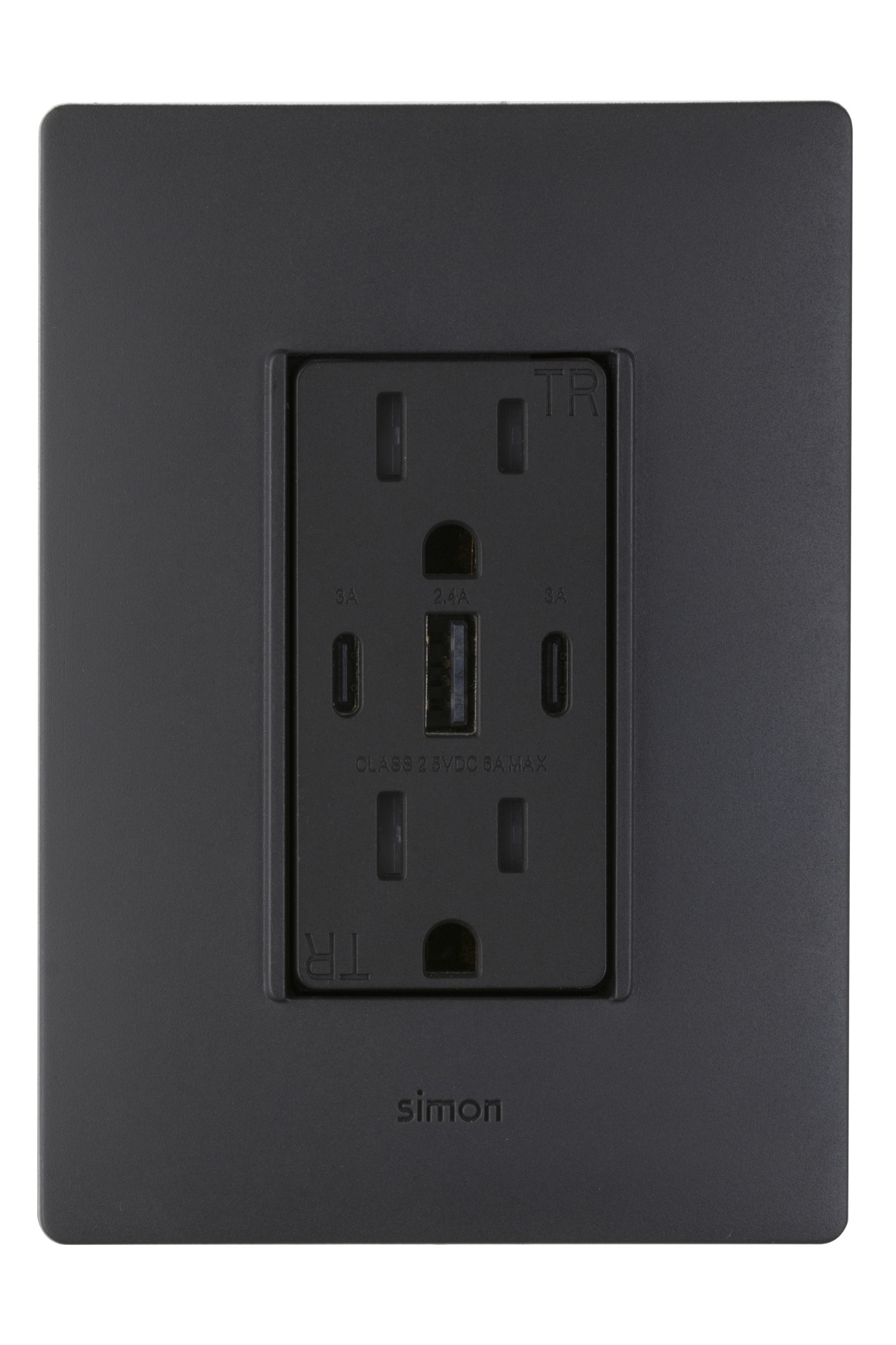 Placa Nema con toma de corriente dúplex C/USB  C+A+C  10A 127V~ grafito mate Simon 26