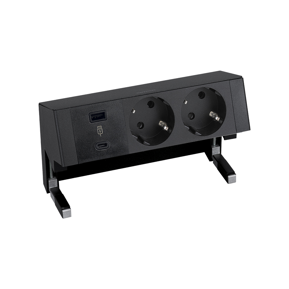 Complete kit with USB A+C 18W QuickCharge and 2 Schuko socket black S400 Top