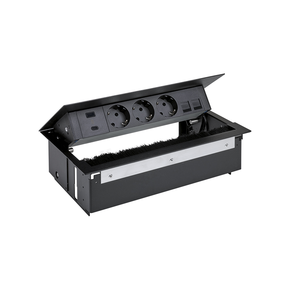 Complete kit with USB A+C 18W QuickCharge, 3 schuko socket and 1 double plate for RJ45 connectors black S400 Indesk