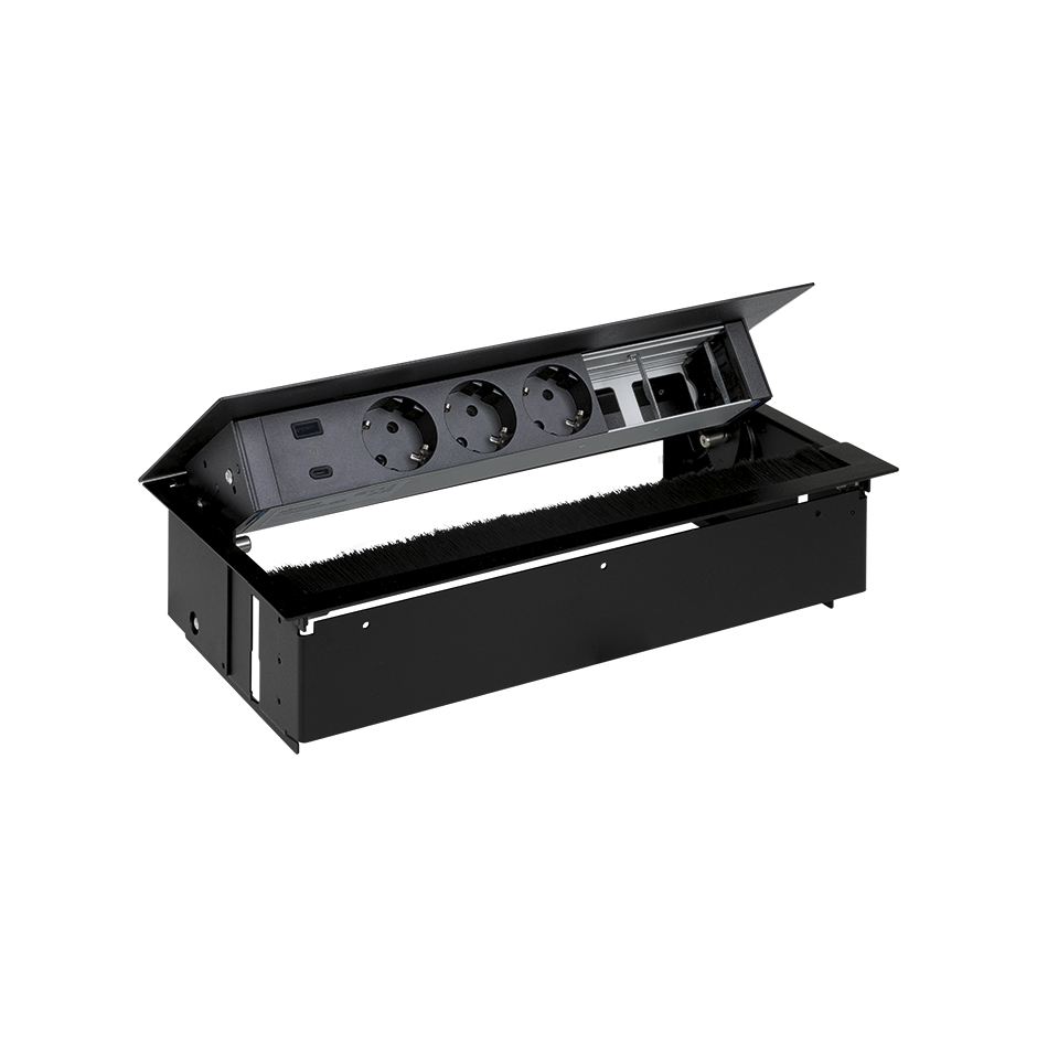 Customisable kit with USB A+C 18W QuickCharge, 3 Schuko socket and 2 empty elements connectors black S400 Indesk