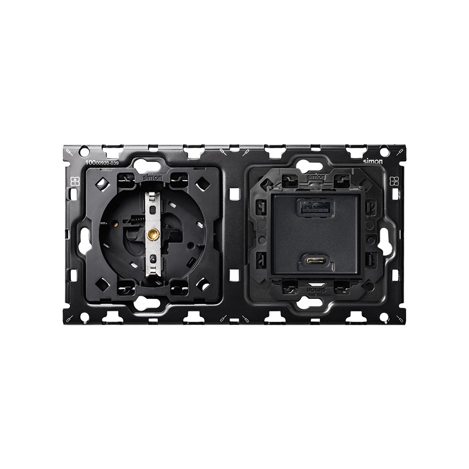 Back kit for 2 elements with 1 schuko socket + 1 USB C+A charger Simon 100