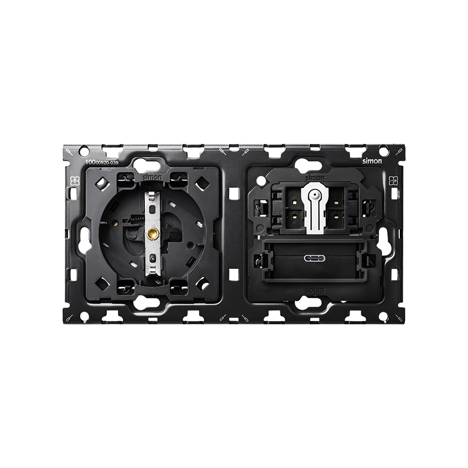 Back kit for 2 elements with 1 schuko socket + 1 two-way switch + 1 USB C charger 20W Power Delivery Simon 100