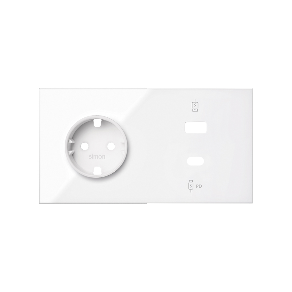 Kit front para 2 elementos com base de tomada schuko e carregador USB C+A branco brilhante Simon 100