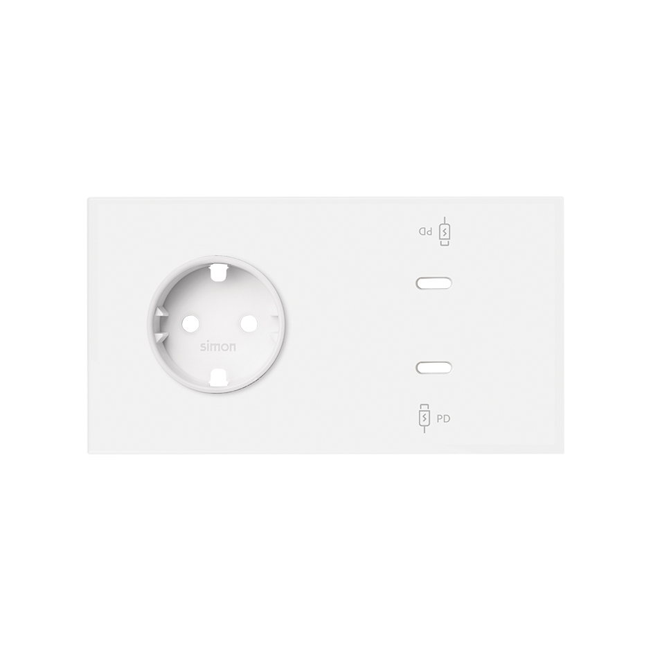 Kit frontal para 2 elementos base de tomada Schuko + carregador duplo USB C branco mate Simon 100