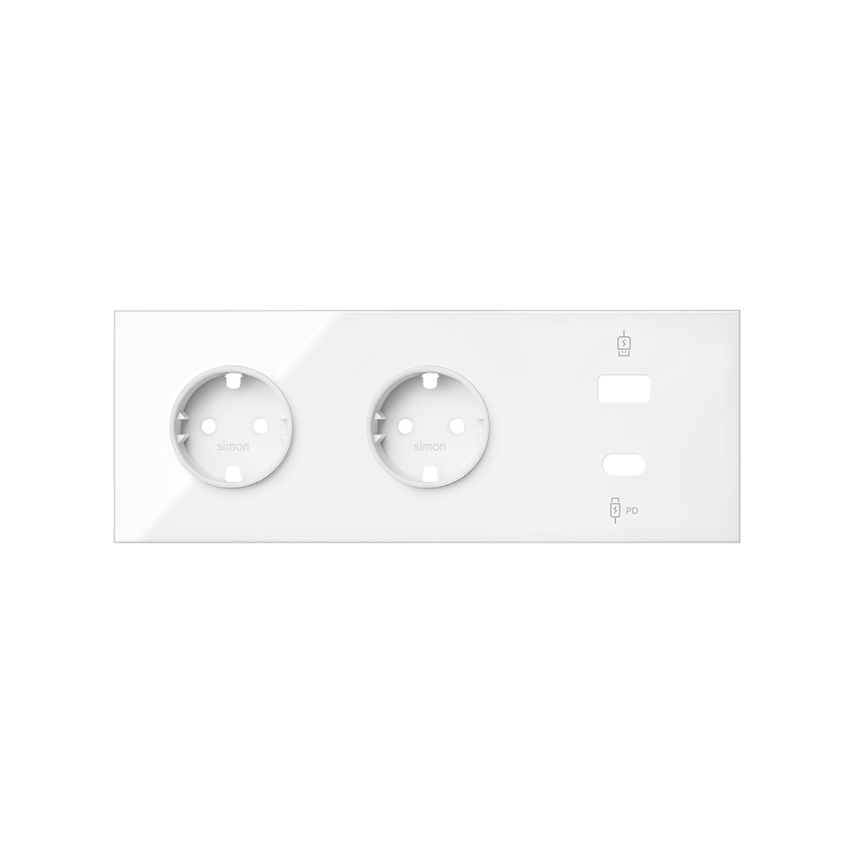 Kit front para 3 elementos con 2 bases enchufe schuko y cargador USB C+A blanco brillante Simon 100