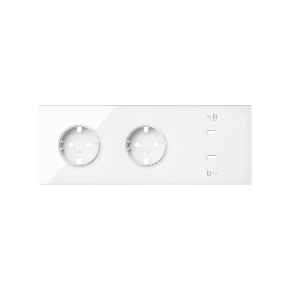 Кит на 3 поста, фронт: накладка на 2 розетки Schuko + 2 з/у USB C цвета белый глянец Simon 100