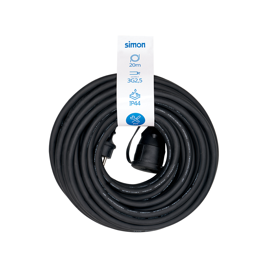 PROLONGADOR PROFESIONAL 20M IP44 H07RN-F 3G2.5MM² 1 TOMA CON TAPA 16A 250V~ NEGRO SIMON