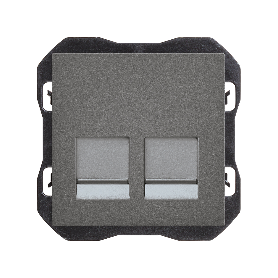 Flat voice and data cover with dust shutter for 2 RJ45 connectors titanium Simon 270