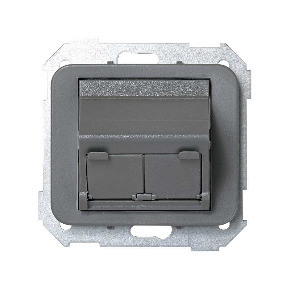 Angled voice and data plate with dust cover for 2 RJ45 connectors grey Simon 75