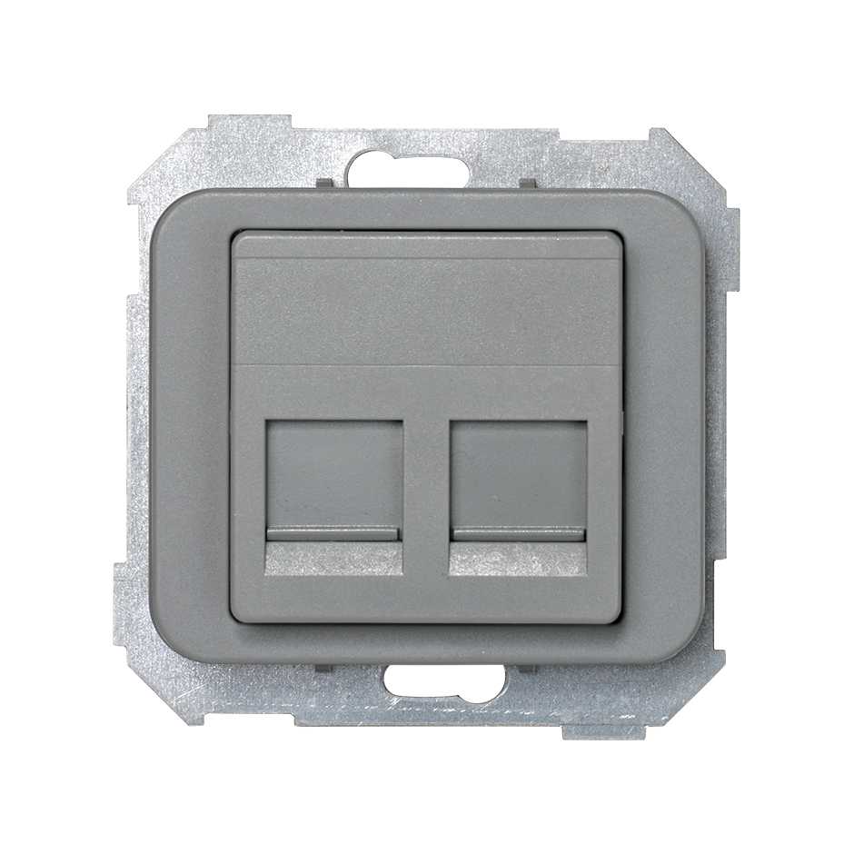 Angled voice and data plate with dust cover for 2 AMP® RJ45 connectors grey Simon 75