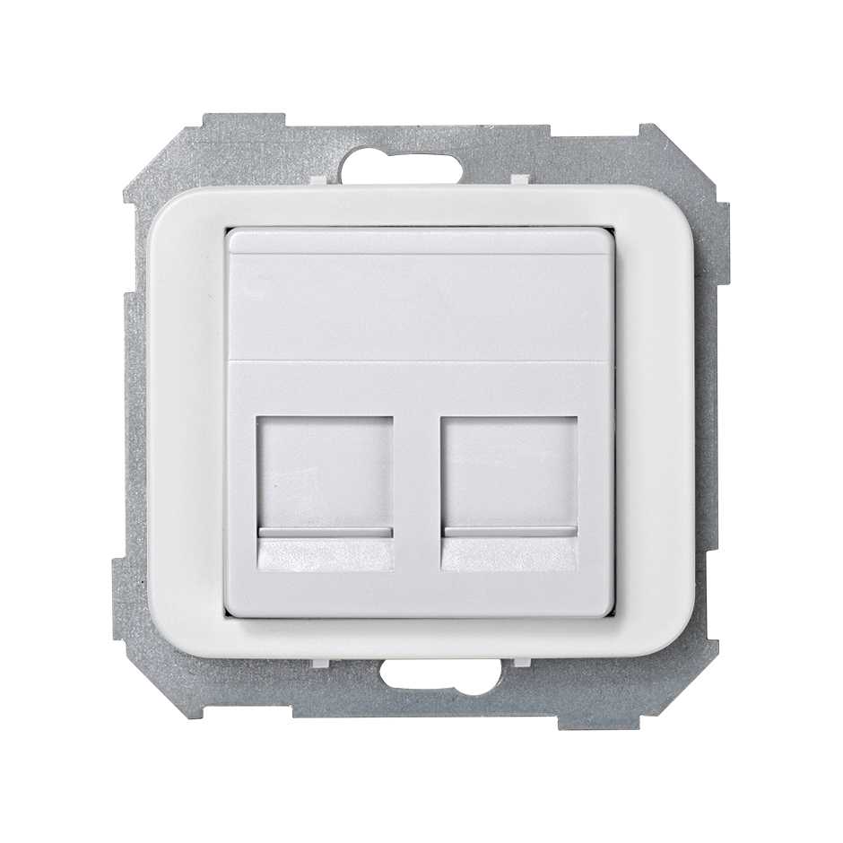 Flat voice and data plate with dust cover for 2 Systimax® RJ45 connectors white Simon 75