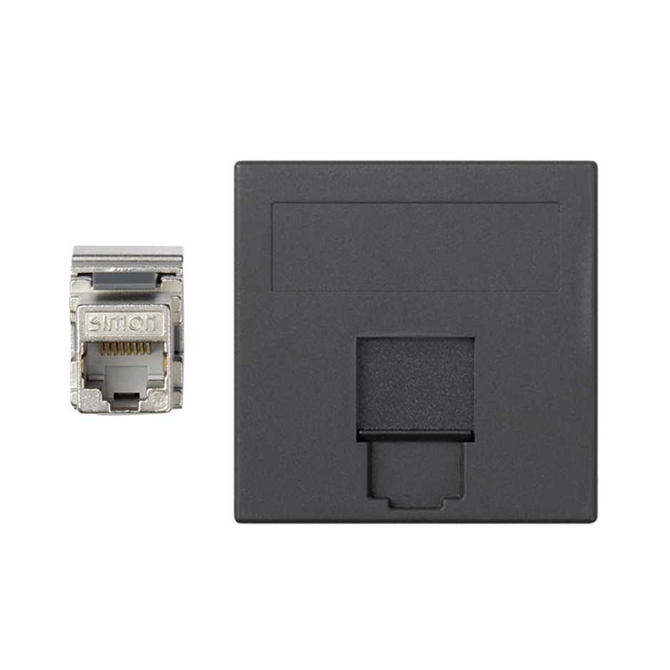 Flat voice and data faceplate with dust cover, 1 RJ45 Cat 6A FTP female-to-female connector, black, Simon K45
