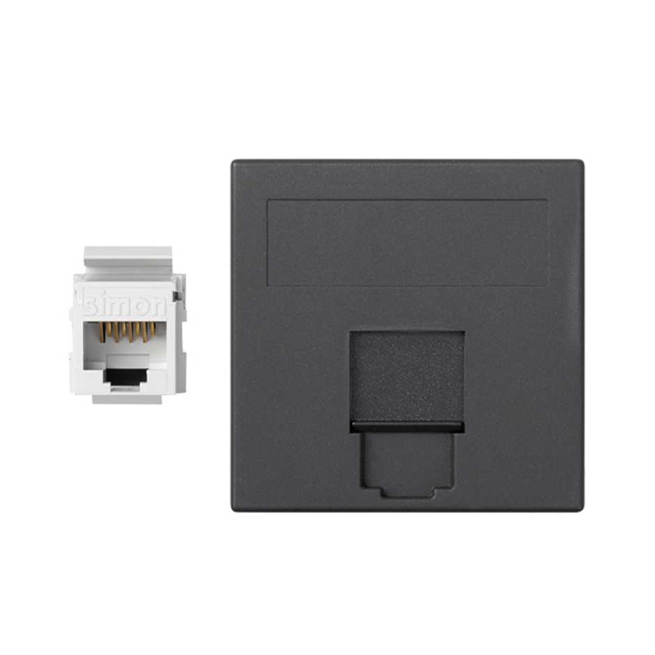 Flat voice and data faceplate with dust cover, 1 RJ45 Cat 6 UTP female-to-female connector, black, Simon K45